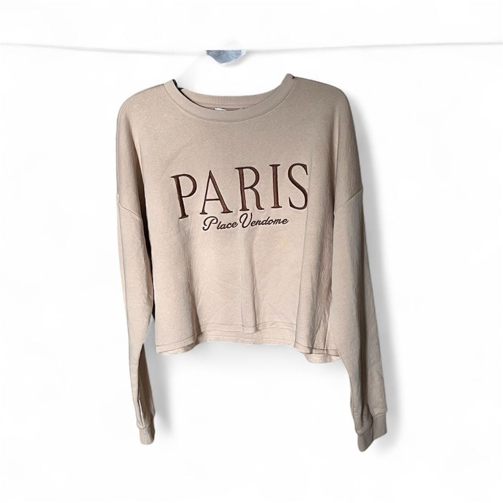 Francesca's Paris Embroidered Fray Hem Cropped Taupe Sweatshirt Size Medium